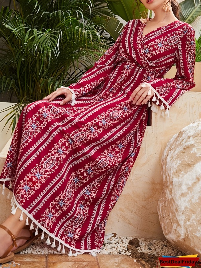 Boho Chic Tassel Trim V-Neck Dress with Tribal Print - Long Sleeve, Wrap Style for Women - Machine Washable Polyester