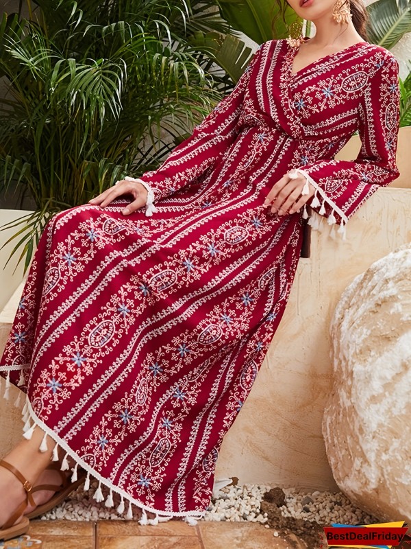 Boho Chic Tassel Trim V-Neck Dress with Tribal Print - Long Sleeve, Wrap Style for Women - Machine Washable Polyester