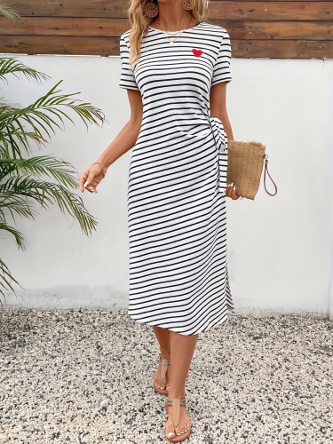 Chic Women's Striped & Heart Embroidered Midi Dress with Bow Waist - Casual Round Neck Short Sleeve, Machine Washable