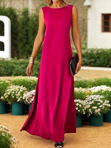 Long Sleeveless Maxi Fit and Flare Tank Dress - Soft High Elasticity Polyester Fabric, Crew Neck, Solid Color, Casual Everyday Wear for Women - All-Season Comfortable Knit Fabric Clothing