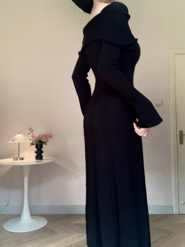 Women's Knit Dress with 3D Floral Off-Shoulder Detail, Long Sleeve, Solid Color, Regular Fit, A-Line, No Belt, Long Length, Sleeveless, Winter Fashion, Sweater Knit Fabric