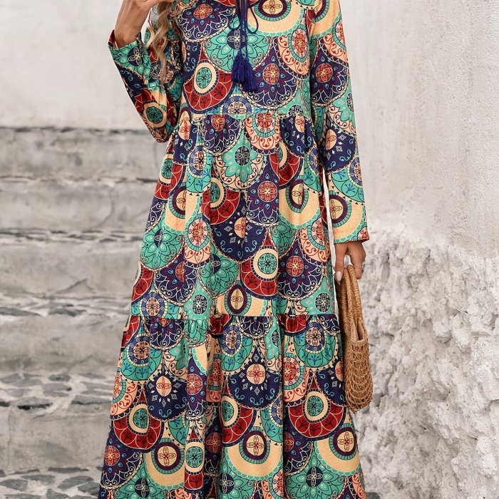 1pc Bohemian Style Women's Long Sleeve Dress with Tassel Detail, V-Neck, Paisley Print, Polyester, A-Line Cut, Suitable for All Seasons