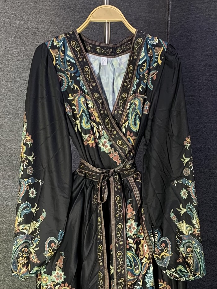 Women'S Chiffon V-Neck Printed Maxi Dress, Vintage Style, Long Sleeve, Waist Tie, A-Line, Regular Fit, All-Season, Adult Fashion