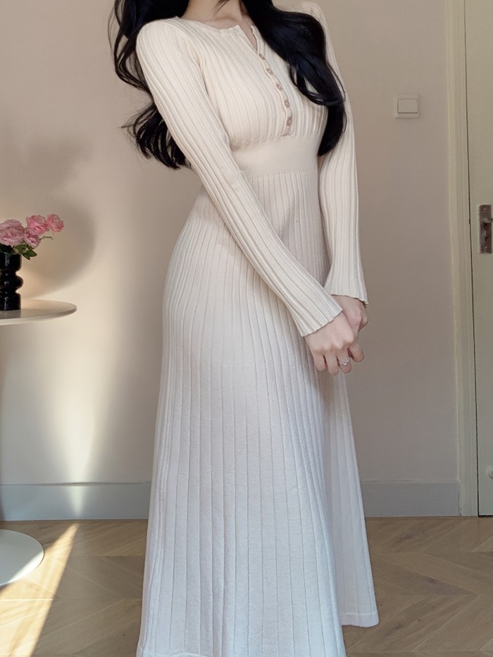 Fall\u002FWinter Asian Style Sweater Dress - Crew Neck Button Detail Knit Long Dress with Solid Color, Regular Sleeve, and Trapeze Hem - Polyester, Polyamide, Viscose Blend