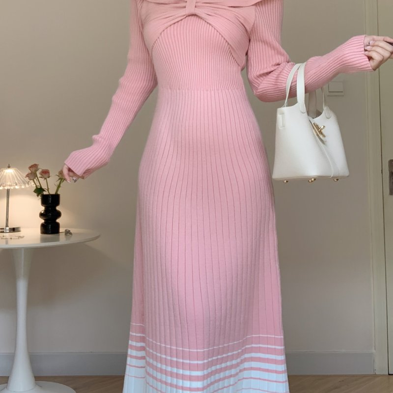 Ribbed Ruched Colorblock Knitted Dress, Elegant Long Sleeve Loose Dress For Winter & Fall, Women's Clothing