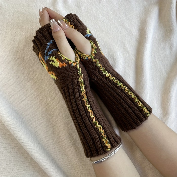 Vibrant Vintage Flower Butterfly Crochet Fingerless Mittens - Soft Contrast Color Knit Gloves for Autumn Winter with Coldproof Elastic Wrist Cover and Cozy Fit