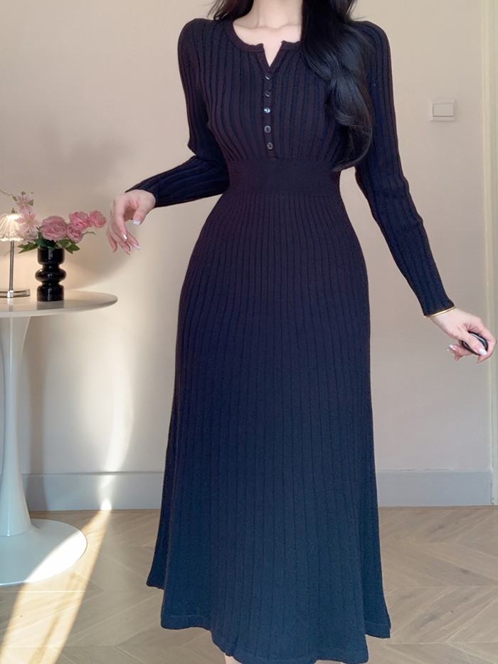 Fall\u002FWinter Asian Style Sweater Dress - Crew Neck Button Detail Knit Long Dress with Solid Color, Regular Sleeve, and Trapeze Hem - Polyester, Polyamide, Viscose Blend