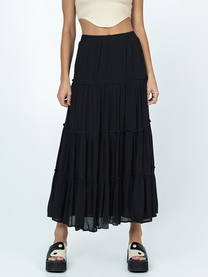 Women Y2k Boho Maxi Skirt Cute Ruffle Hem Long Skirt Elegant Solid Color Elastic Waist Skirt Spring Summer Big Swing Loose Casual Skirt Streetwear