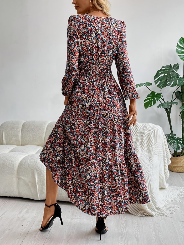 Elegant Boho Floral V-Neck Long Sleeve Dress with Ruffle Hem - Machine Washable, Polyester - Perfect for Spring\u002FSummer\u002FFall