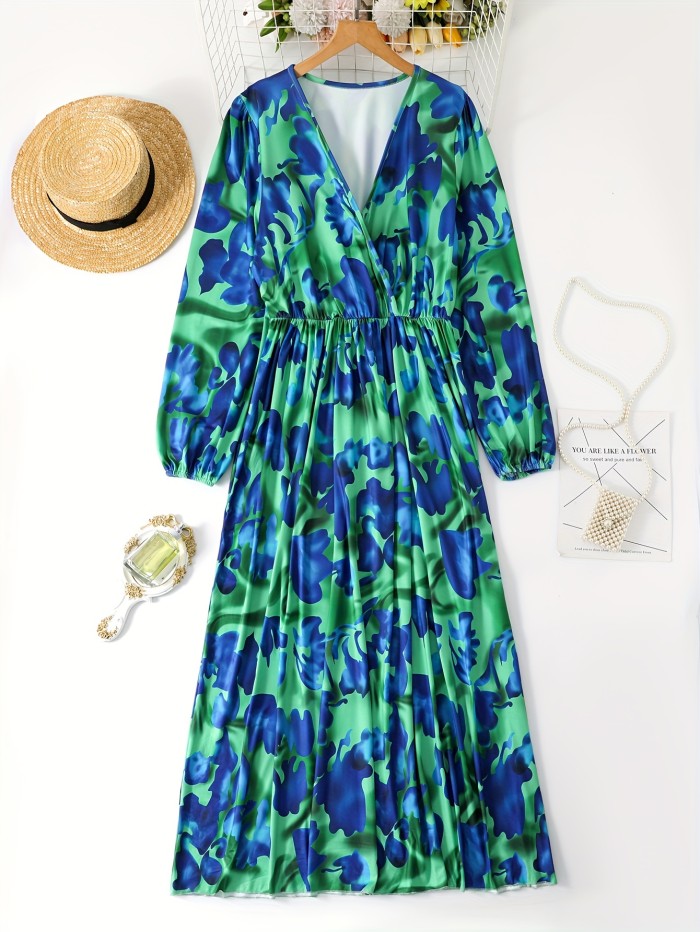 1pc Elegant V-Neck Long Sleeve Dress with Geometric Floral Print, Bohemian Style, Polyester Knit Fabric, Loose Fit, Waist-Cinched, for All Seasons