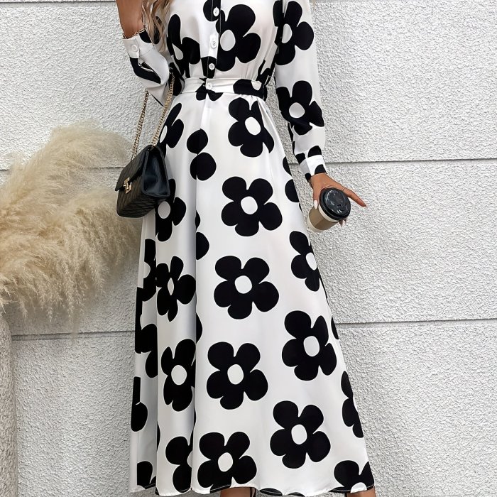 Floral Print Long Sleeve Dress, Elegant Button Front A-line Dress For Spring & Fall, Women's Clothing