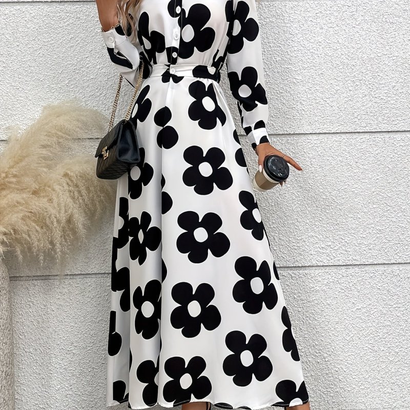 Floral Print Long Sleeve Dress, Elegant Button Front A-line Dress For Spring & Fall, Women's Clothing