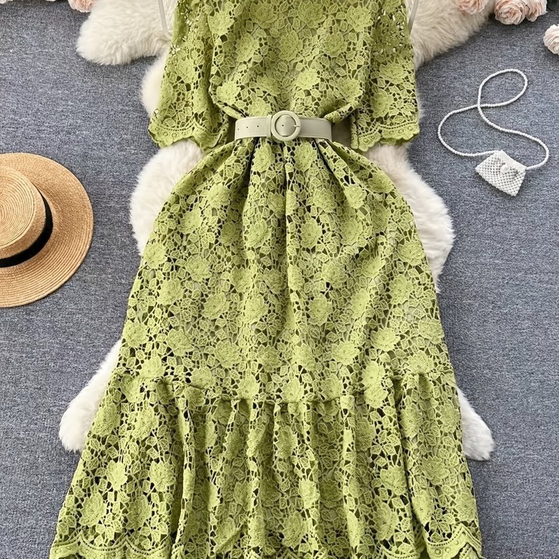 Vintage Chiffon Lace Dress with V-Neck, A-Line Long Skirt, Solid Color, Woven, Belted, Adult Fashion for All Seasons