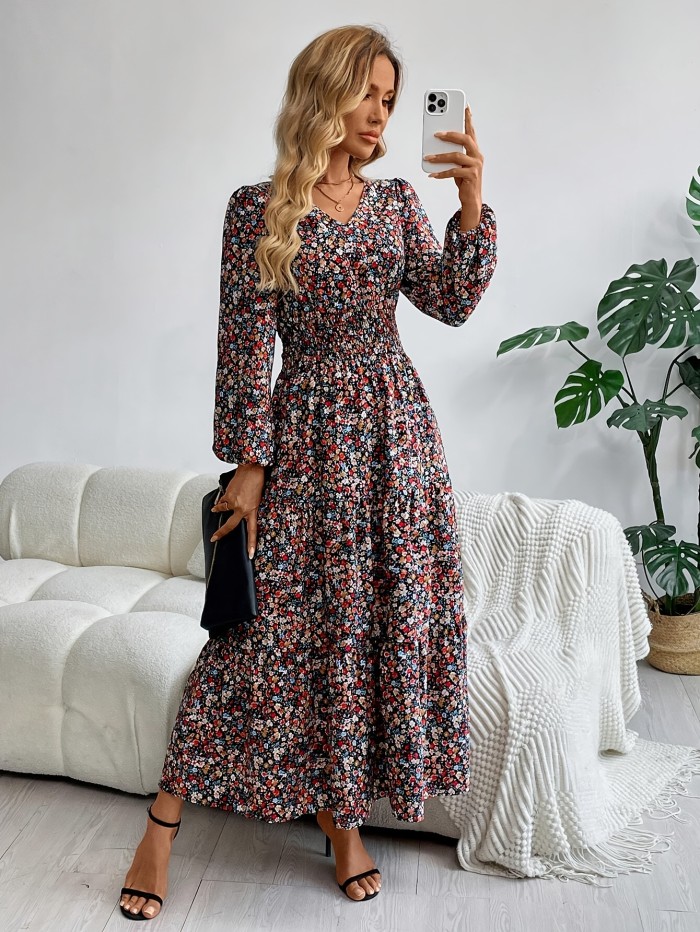Elegant Boho Floral V-Neck Long Sleeve Dress with Ruffle Hem - Machine Washable, Polyester - Perfect for Spring\u002FSummer\u002FFall