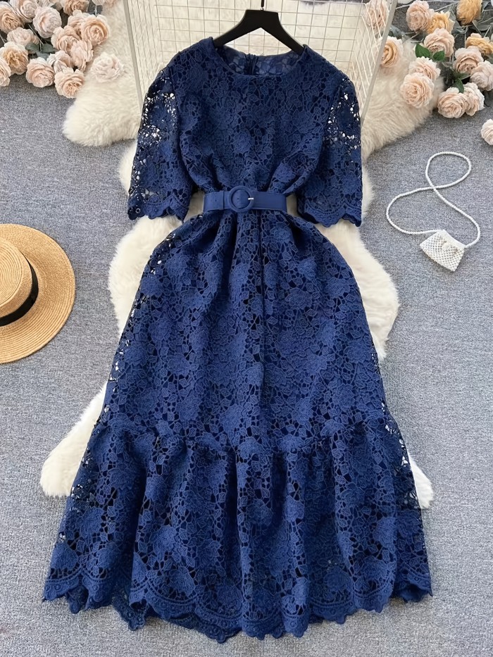 Vintage Chiffon Lace Dress with V-Neck, A-Line Long Skirt, Solid Color, Woven, Belted, Adult Fashion for All Seasons