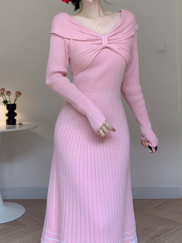 Ribbed Ruched Colorblock Knitted Dress, Elegant Long Sleeve Loose Dress For Winter & Fall, Women's Clothing