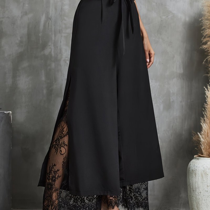 Elegant Wide-Leg Palazzo Pants for Women - Lace Trim, Elastic Waist, Easy Care, Perfect for Spring\u002FFall