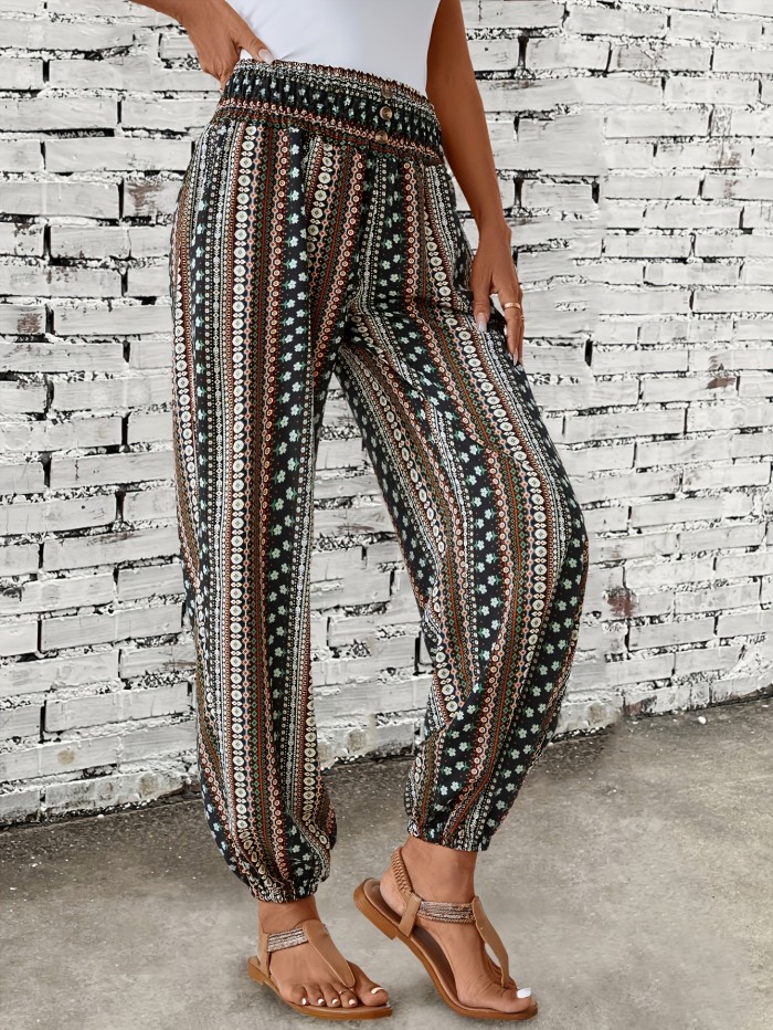 Spring\u002FSummer Chic: Boho Chic Shirred-Waist Tribal Joggers for Women - Comfortable, Durable & Easy Maintenance