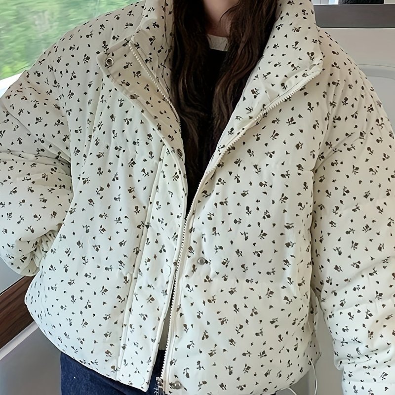 Elegant Floral Print High-Neck Crop Jacket for Women - Polyester, Machine Washable, Long Sleeve