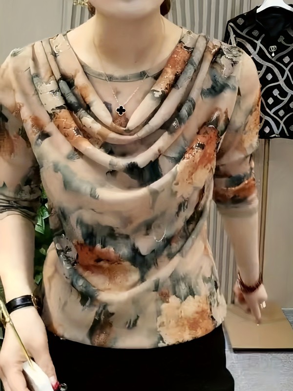 Flirty Floral Print Cowl Neck Blouse - Stylish & Versatile Long Sleeve Top for Spring to Fall - A Must-Have for Fashion-Forward Womens Wardrobe