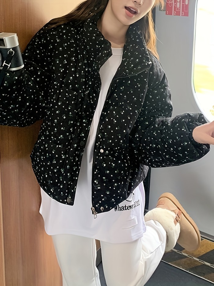 Elegant Floral Print High-Neck Crop Jacket for Women - Polyester, Machine Washable, Long Sleeve