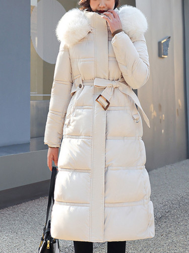 Women'S Long Coat FF017, Polyester Fleece, Long Sleeve, Regular Fit, Elegant Style, Zippered Pockets, Large Faux Fur Hood, Belted, Solid Color, Non-Waterproof, Woven Fabric