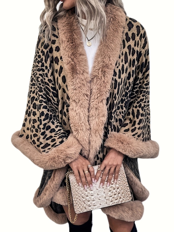 Elegant Women's Leopard Pattern Faux Fur Trim Batwing Sleeve Warm Cape Coat for Fall & Winter