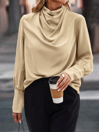 Solid Cowl Neck Simple Blouse, Elegant Long Sleeve Blouse For Spring & Fall, Women's Clothing