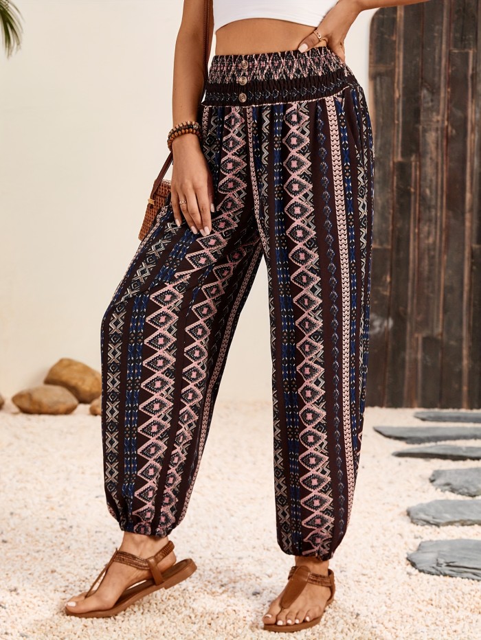 Spring\u002FSummer Chic: Boho Chic Shirred-Waist Tribal Joggers for Women - Comfortable, Durable & Easy Maintenance