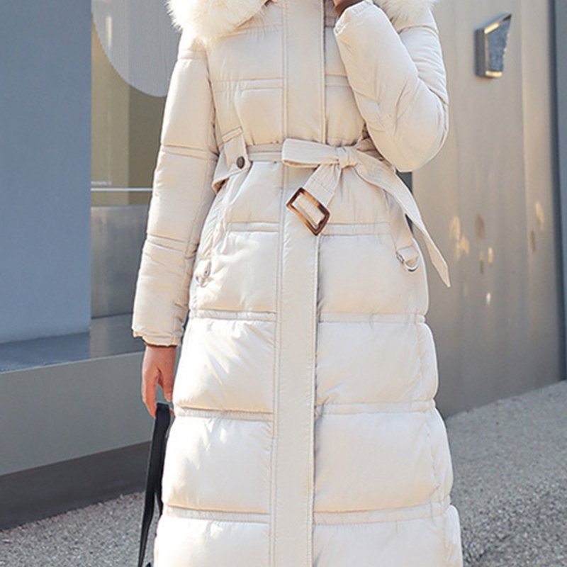 Women'S Long Coat FF017, Polyester Fleece, Long Sleeve, Regular Fit, Elegant Style, Zippered Pockets, Large Faux Fur Hood, Belted, Solid Color, Non-Waterproof, Woven Fabric