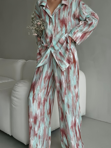 Women Autumn Printed Cardigan Loose Home Clothes Long Sleeved Long Pants Two-Piece Set Ice Silk Pajamas