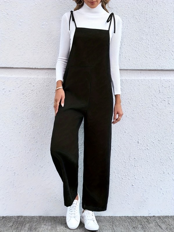 Elegant Women's Wide-Leg Jumpsuit with Pockets - Square Neck, Sleeveless, Solid Color, Polyester, Machine Washable - Versatile Fashion Overalls for All Seasons