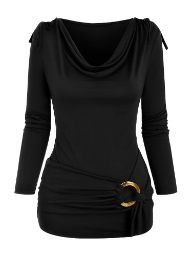 Stylish Ruched Cowl Neck Top - Women's Elegant Long Sleeve Drawstring T-Shirts for Spring & Fall - Chic Ring Decor, Flattering Fit