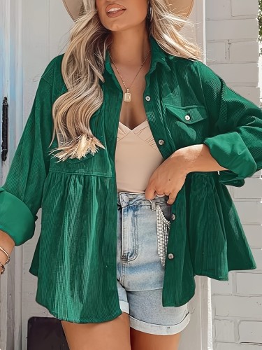 Solid Color Button Up Shirt, Casual Long Sleeve Ruffle Hem Shirt For Spring & Fall, Women's Clothing