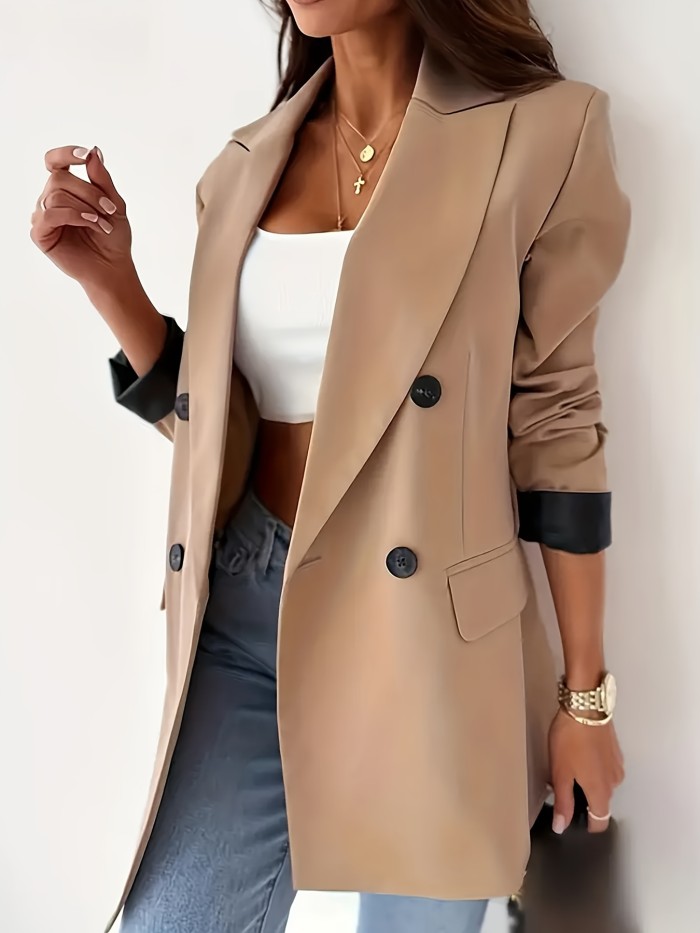 Women's Elegant Double Breasted Lapel Neck Blazer - Stylish Long Sleeve Office Workwear, Chic Formal Wear for Business Meetings and Daily Wear