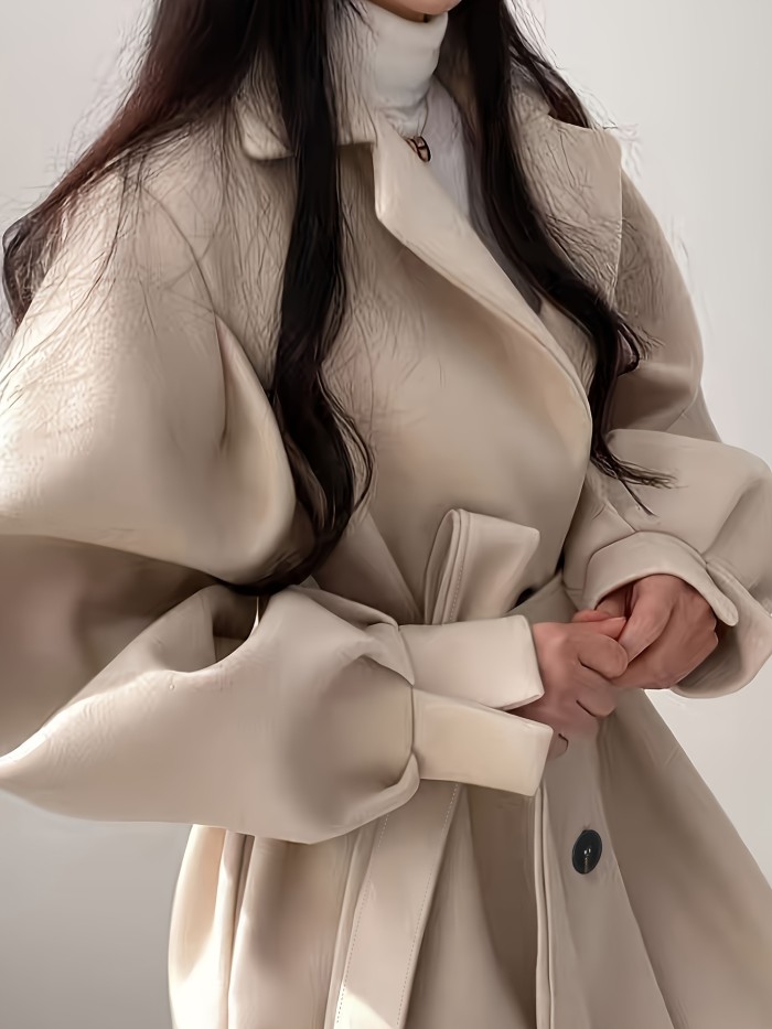 Button Front Notch Lapel Belted Coat, Elegant Long Sleeve Coat For Fall & Winter, Women's Clothing