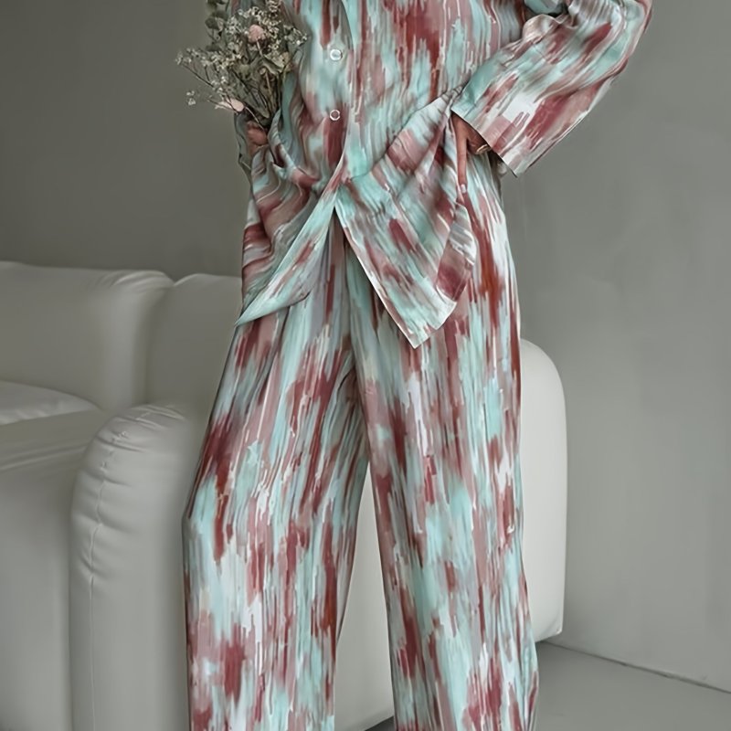Women Autumn Printed Cardigan Loose Home Clothes Long Sleeved Long Pants Two-Piece Set Ice Silk Pajamas