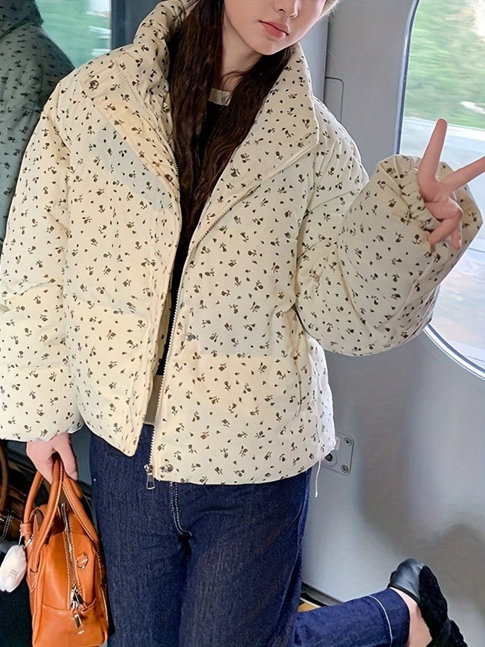Elegant Floral Print High-Neck Crop Jacket for Women - Polyester, Machine Washable, Long Sleeve