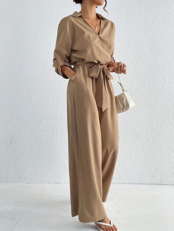 Women'S Solid Color High-Waist Long Sleeve V-Neck Jumpsuit with Tie, Elegant Fashion Romper, Polyester, All-Season, Adult, Woven