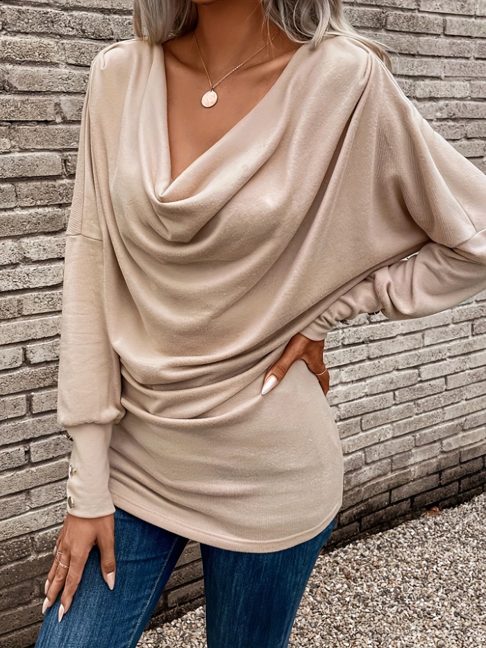 Elegant Cowl Neck Ruched Long Sleeve T-Shirt for Women, Spring\u002FFall Solid Color Top