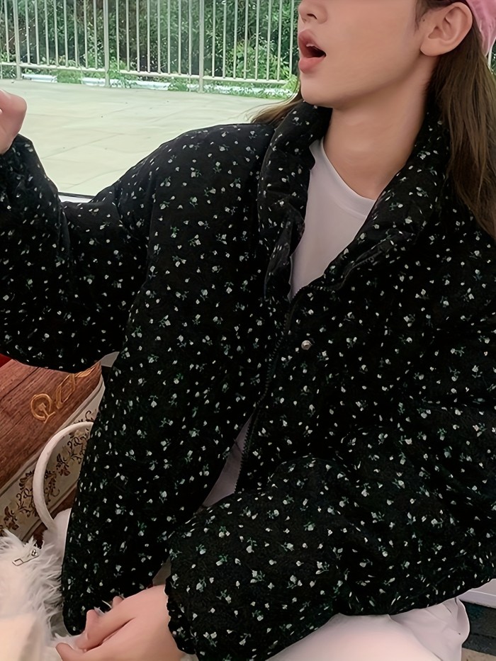 Elegant Floral Print High-Neck Crop Jacket for Women - Polyester, Machine Washable, Long Sleeve