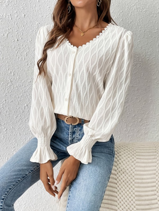 Women's Elegant French Lace Trimmed Blouse, Polyester, Solid Color, Round Neck, Ruffle Hem, Spring\u002FAutumn Fashion Top, Adult Size, Woven Fabric