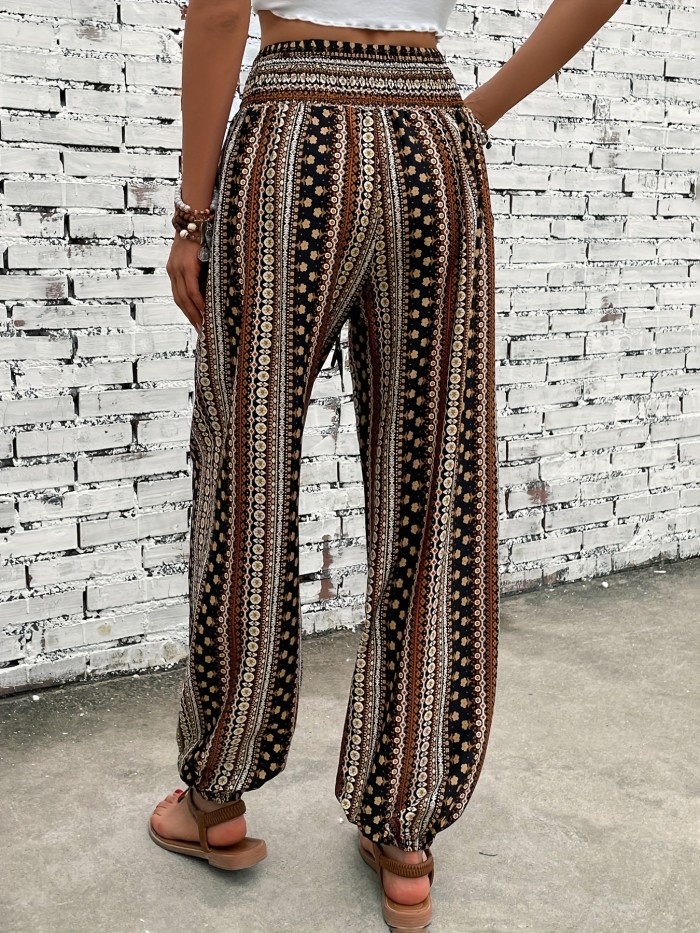 Spring\u002FSummer Chic: Boho Chic Shirred-Waist Tribal Joggers for Women - Comfortable, Durable & Easy Maintenance