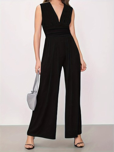 Solid Color Plunging Neck Jumpsuit, Elegant Sleeveless Wide Leg Jumpsuit For Spring & Summer, Women's Clothing