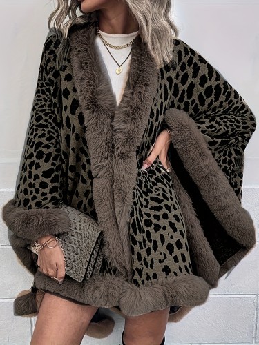 Elegant Women's Leopard Pattern Faux Fur Trim Batwing Sleeve Warm Cape Coat for Fall & Winter