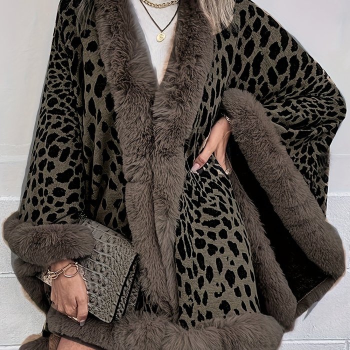 Elegant Women's Leopard Pattern Faux Fur Trim Batwing Sleeve Warm Cape Coat for Fall & Winter