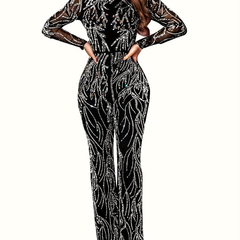 Sequined Mock Neck Backless Jumpsuit, Stylish Long Sleeve Jumpsuit For Spring & Fall, Women's Clothing