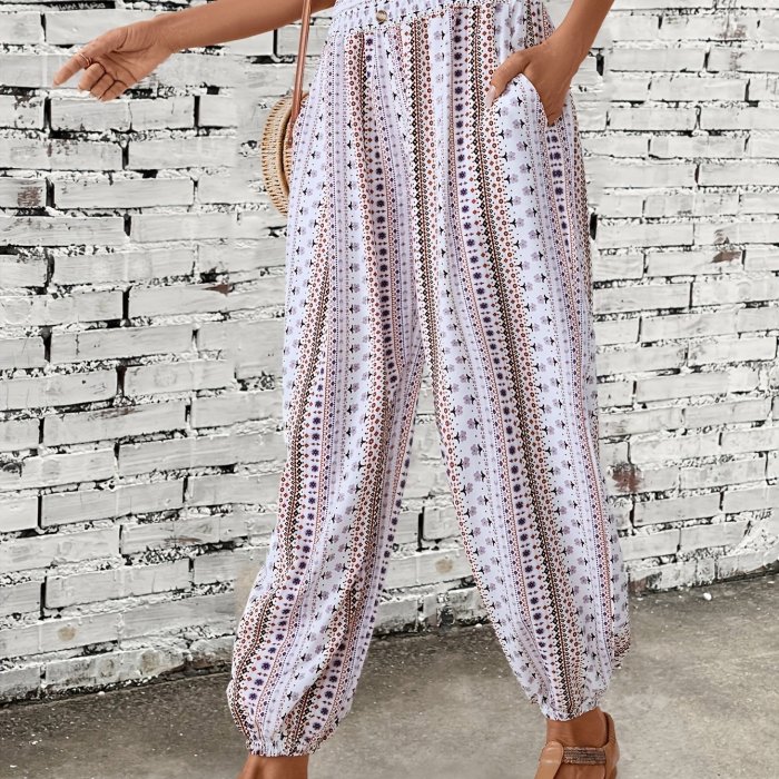 Spring\u002FSummer Chic: Boho Chic Shirred-Waist Tribal Joggers for Women - Comfortable, Durable & Easy Maintenance