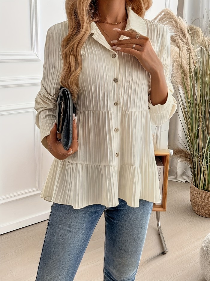 Women'S Casual Solid Color Long Sleeve Button-Down Lapel Blouse, 100% Polyester Woven Fabric, Versatile Pleated Shirt for Spring\u002FFall