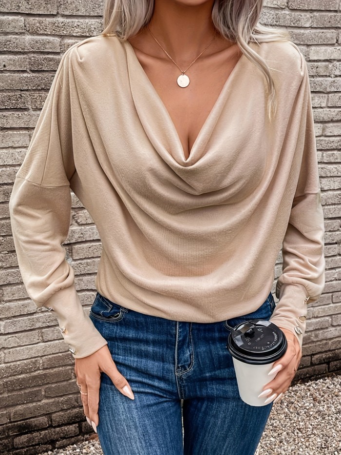 Elegant Cowl Neck Ruched Long Sleeve T-Shirt for Women, Spring\u002FFall Solid Color Top